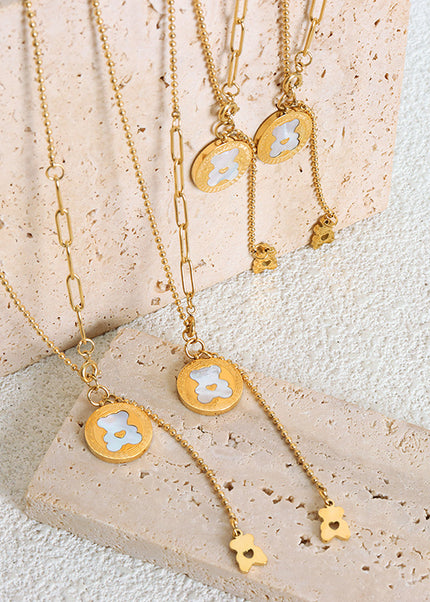 Japanese and Korean small fresh cartoon bear pattern shell tassel niche sweet temperament titanium steel gold-plated necklace women's jewelry