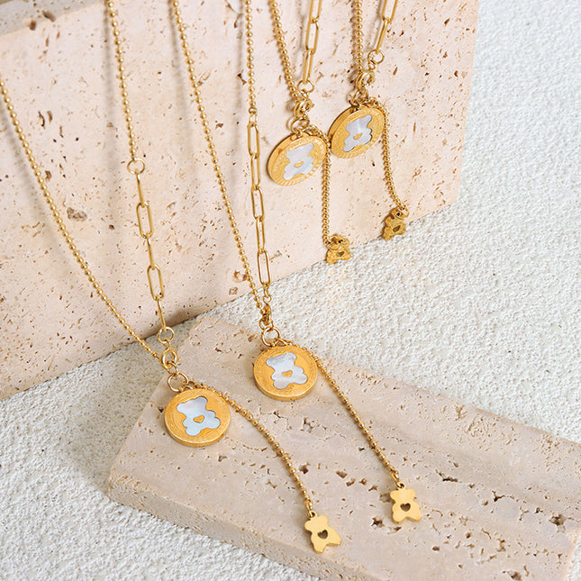 Japanese and Korean small fresh cartoon bear pattern shell tassel niche sweet temperament titanium steel gold-plated necklace women's jewelry