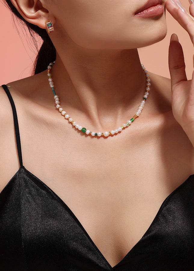 Natural freshwater pearl OT buckle delicate beaded necklace light luxury titanium steel clavicle chain versatile necklace girlfriend gifts
