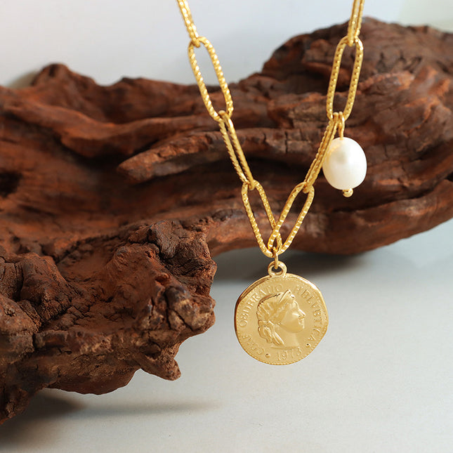 Trendy hip-hop retro classic portrait medallion freshwater pearl pearl pendant necklace cross-border hot-selling jewelry