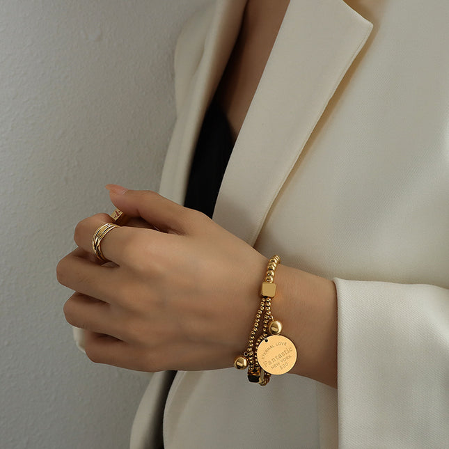 Korean Vintage Titanium Steel Bracelet 18K Gold Plated Steel Beads Love Medal Elastic Line Double Stacked Bracelet Hand Jewelry