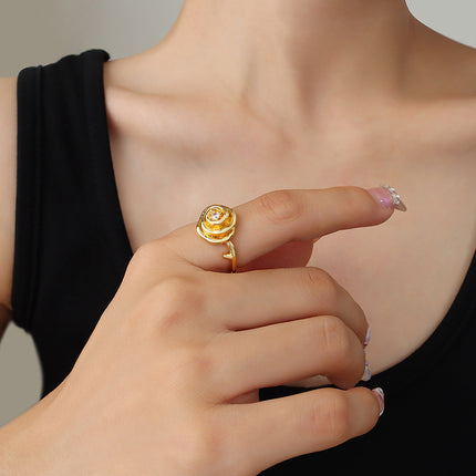 Cross-border hot-selling retro distressed temperament personality rose copper ring inlaid with zircon ring hand jewelry