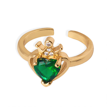 French new light luxury fashion versatile copper material heart zircon crown open ring jewelry retro personality women