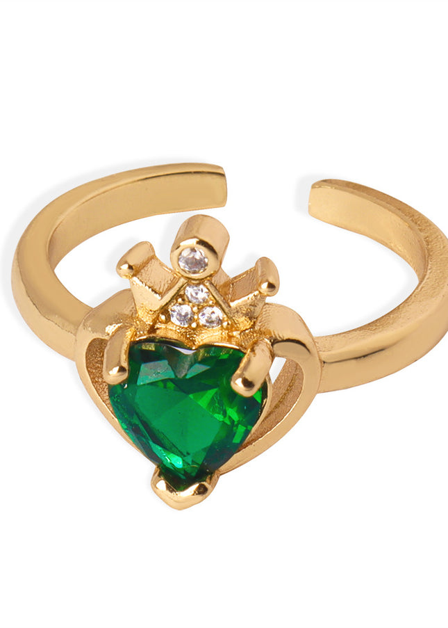 French new light luxury fashion versatile copper material heart zircon crown open ring jewelry retro personality women