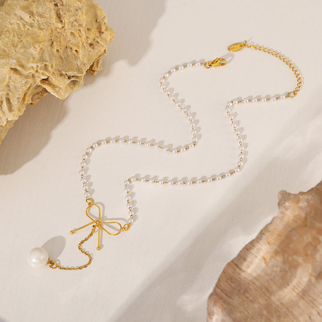 Fairy choker bow imitation pearl necklace ins cold style temperament simple luxury stainless steel clavicle chain