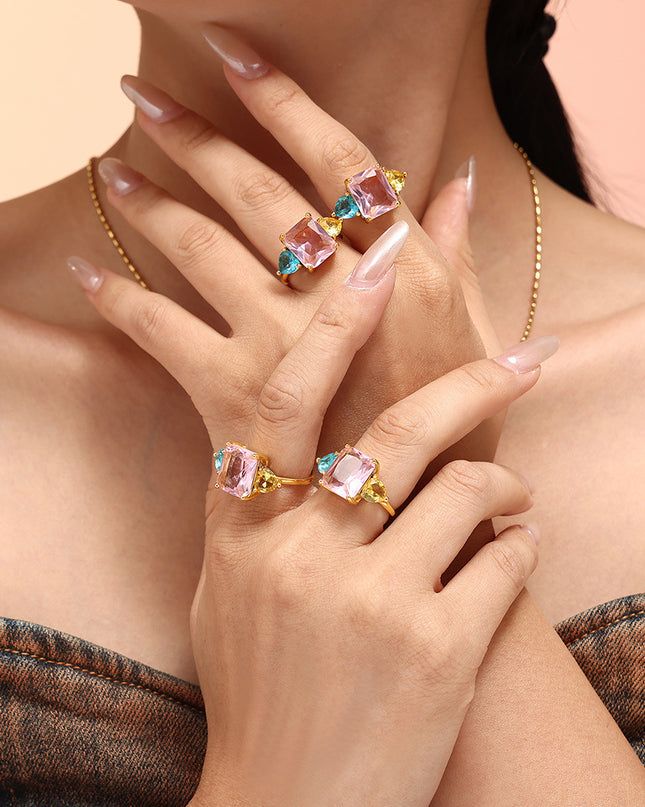Dopamine Geometric Pink Aquamarine Zircon Ring Extra-Fine Opening Adjustment Titanium Steel PVD Plated 18K Gold Sweet Ring