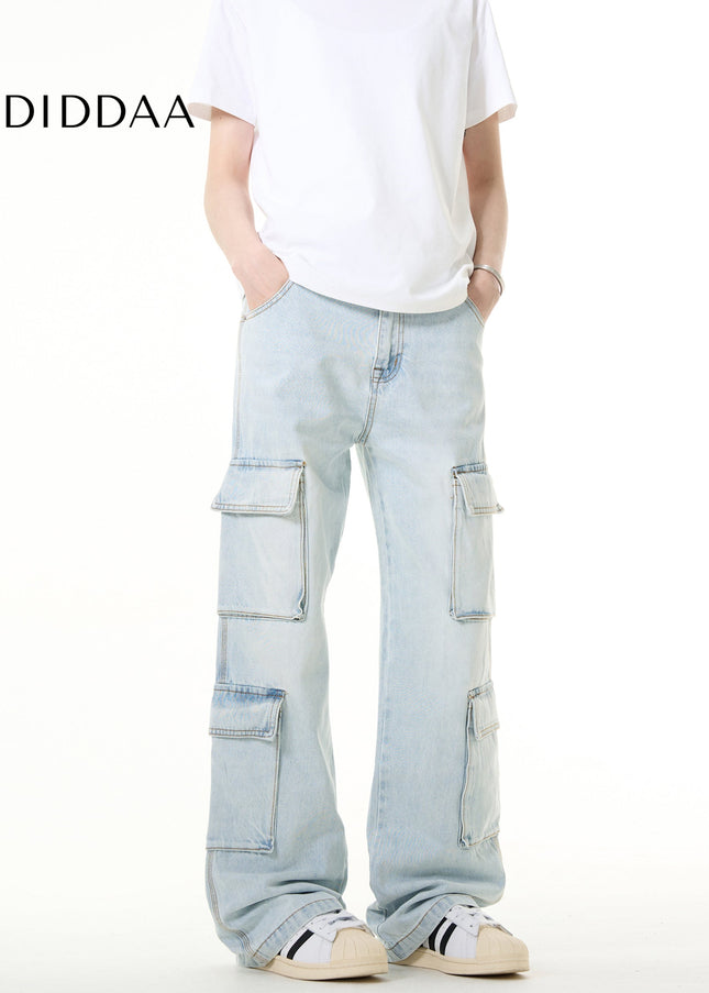 Light Blue Vintage Multi Pocket Cargo Jeans - Men’s Jeans
