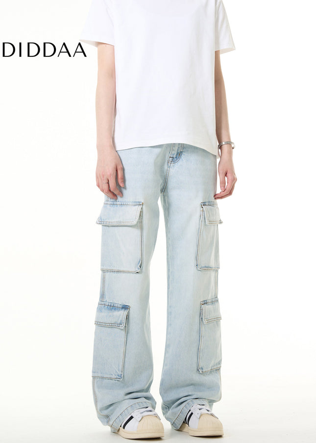 Light Blue Vintage Multi Pocket Cargo Jeans - Men’s Jeans