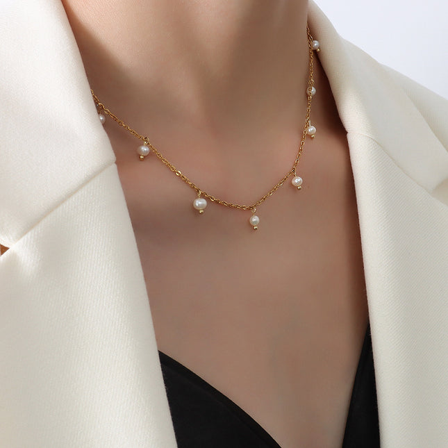 Natural niche versatile retro style jewelry, titanium steel plated 18k real gold freshwater pearl loose bead necklace, female clavicle chain
