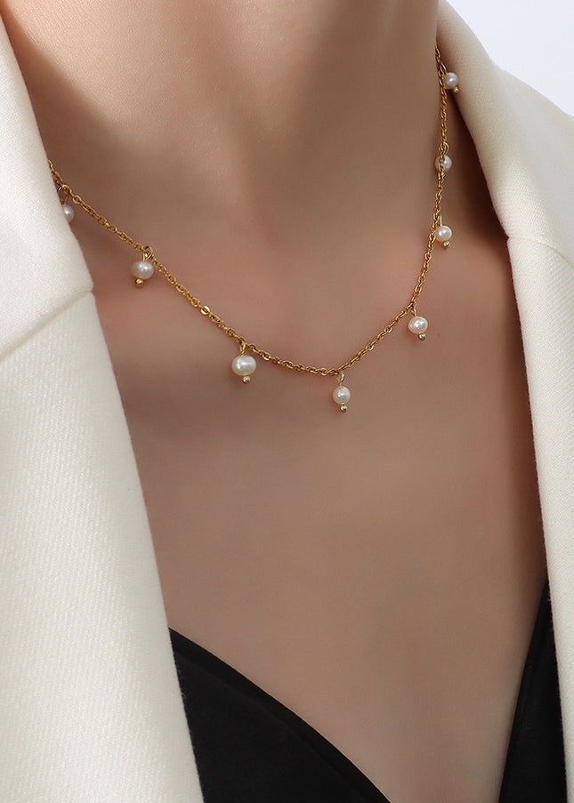 Natural niche versatile retro style jewelry, titanium steel plated 18k real gold freshwater pearl loose bead necklace, female clavicle chain