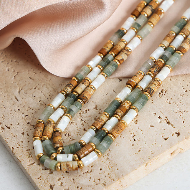 European and American cross-border new retro light luxury niche design autumn and winter mixed color natural stone handmade beaded necklace jewelry women