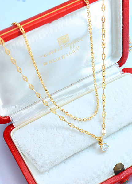 Korean ins style simple small necklace with a sense of design double-layered zircon chain, titanium steel jewelry, clavicle necklace