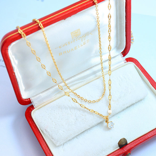 Korean ins style simple small necklace with a sense of design double-layered zircon chain, titanium steel jewelry, clavicle necklace