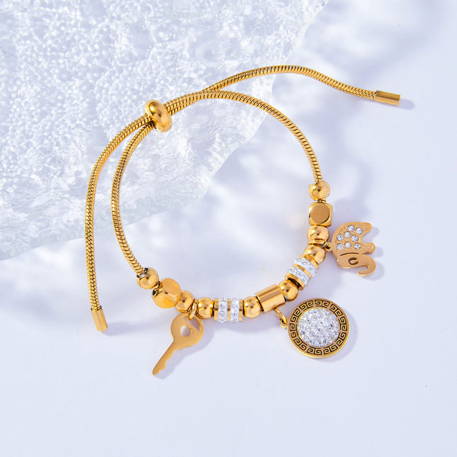 Cross-border hot-selling personality niche pull-out buckle jewelry, multi-element pendant, diamond-encrusted design, titanium steel gold-plated bracelet