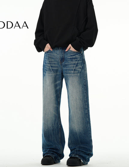Light Blue Lightning Burst Crack Wash Straight Jeans - S / Dark Blue - Men’s Jeans