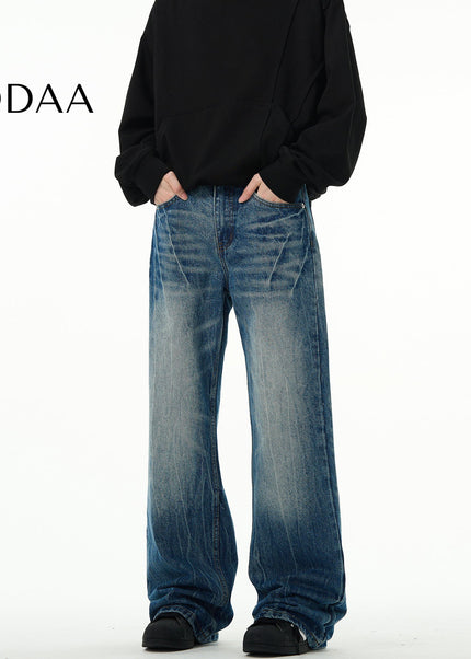 Light Blue Lightning Burst Crack Wash Straight Jeans - S / Dark Blue - Men’s Jeans