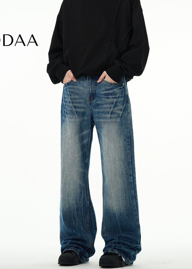 Light Blue Lightning Burst Crack Wash Straight Jeans - S / Dark Blue - Men’s Jeans