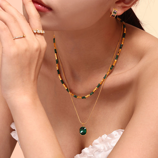 Hot Selling New Natural Stone Beaded Crystal Stone Pendant Double Layer Necklace Stainless Steel Versatile Clavicle Chain Necklace Wholesale