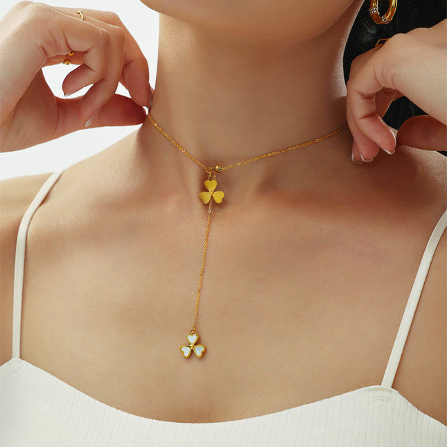 Mystery heart-shaped flower natural mother-of-pearl tassel necklace aesthetic niche design sense stainless steel pull-out adjustable female