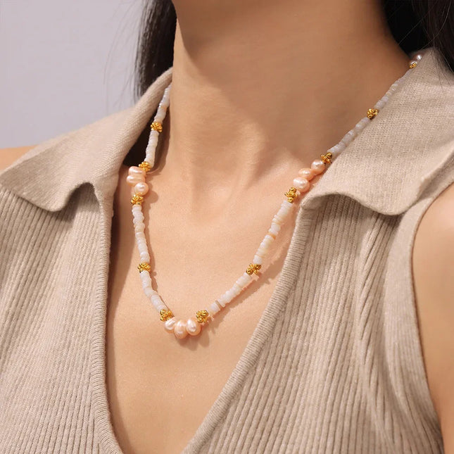 Baroque natural freshwater pearl shell beaded necklace light luxury design titanium steel plated 18k gold clavicle chain