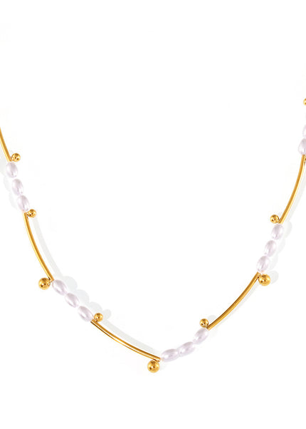 Natural baroque imitation pearl batch flower tube beads light luxury clavicle chain temperament necklace titanium steel plated 18k real gold