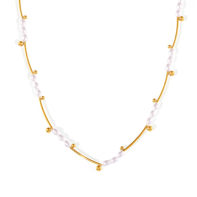 Natural baroque imitation pearl batch flower tube beads light luxury clavicle chain temperament necklace titanium steel plated 18k real gold