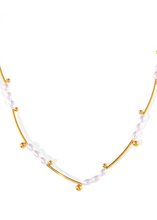 Natural baroque imitation pearl batch flower tube beads light luxury clavicle chain temperament necklace titanium steel plated 18k real gold