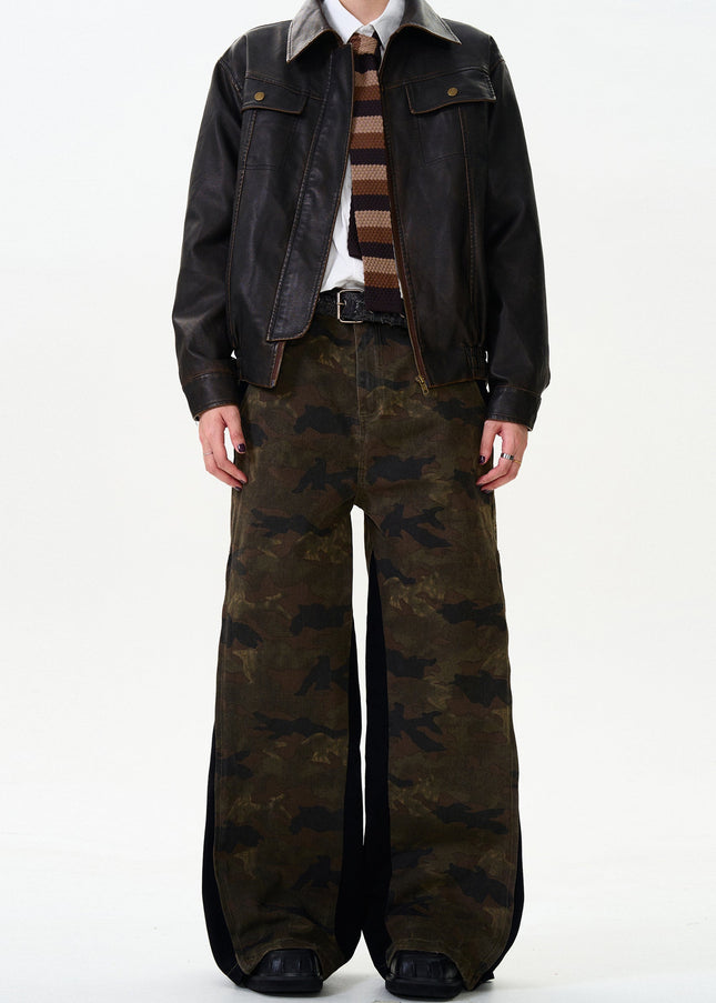 Green Side Zipper Vintage Distressed Camouflage Jeans - Men’s Jeans