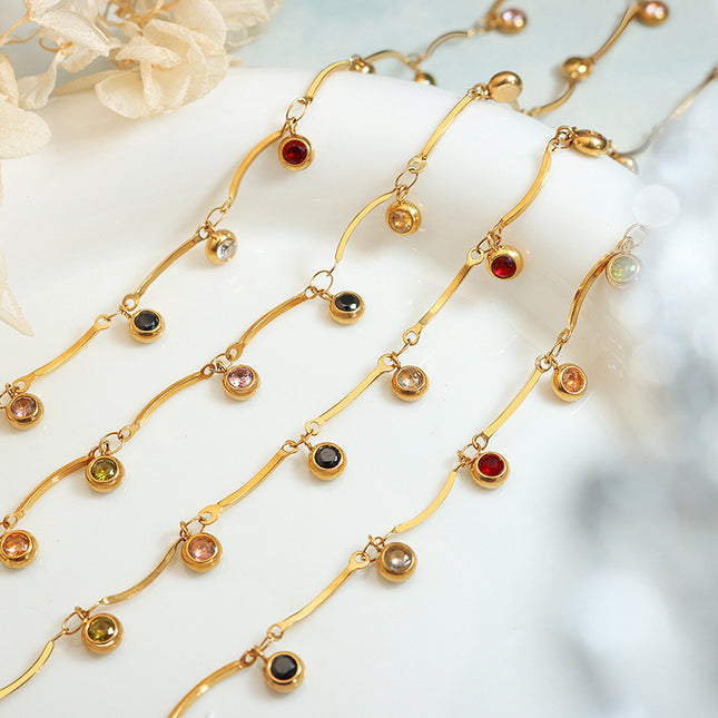 Niche does not fade fashion personality color zircon pendant water wave chain necklace titanium steel plated 18K gold accessories jewelry