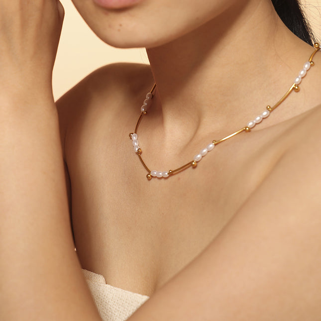 Natural baroque imitation pearl batch flower tube beads light luxury clavicle chain temperament necklace titanium steel plated 18k real gold