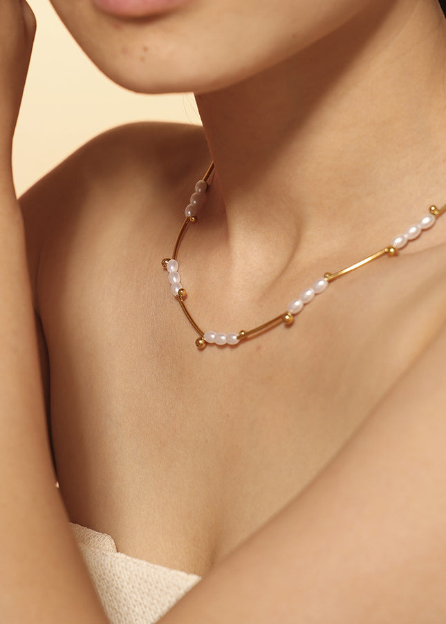 Natural baroque imitation pearl batch flower tube beads light luxury clavicle chain temperament necklace titanium steel plated 18k real gold