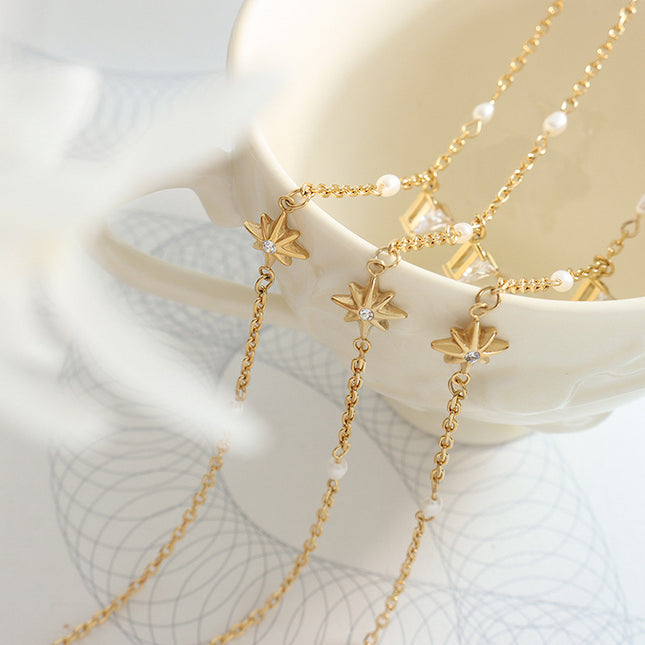 Korean tide geometric Mangxing triangle pendant necklace inlaid with zircon freshwater pearl stitched chain personalized jewelry