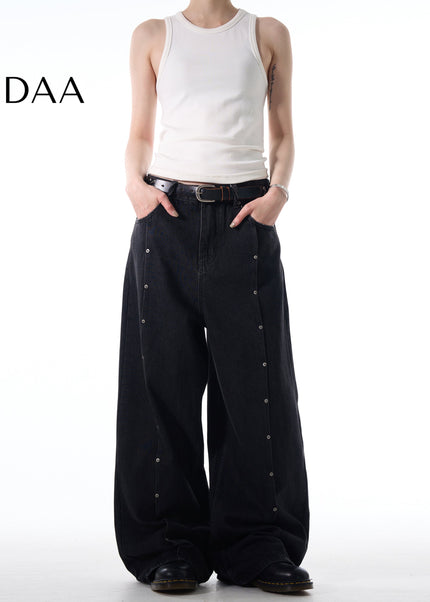 Washed Blue Stud Design Loose Fit Jeans - S / Black - Men’s Jeans