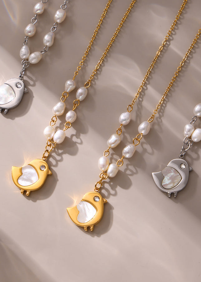 Mystery shell chick natural freshwater pearl necklace niche design sense choker women's stainless steel plated real gold jewelry