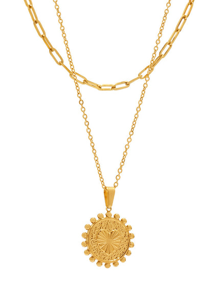 Mystery European and American style embossed peach heart sun lace double-layer necklace personality clavicle chain stainless steel color-retaining jewelry tide