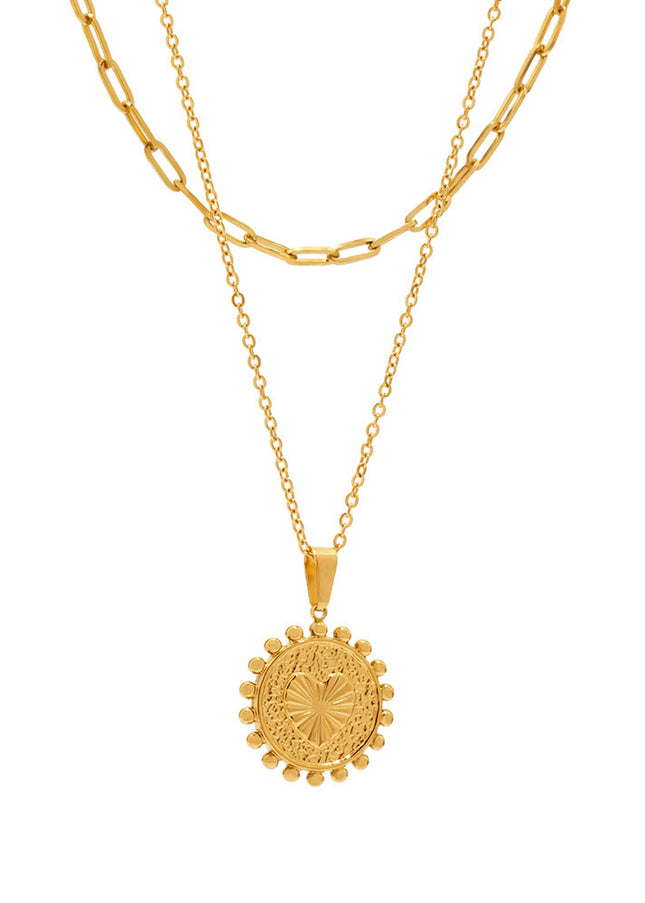 Mystery European and American style embossed peach heart sun lace double-layer necklace personality clavicle chain stainless steel color-retaining jewelry tide