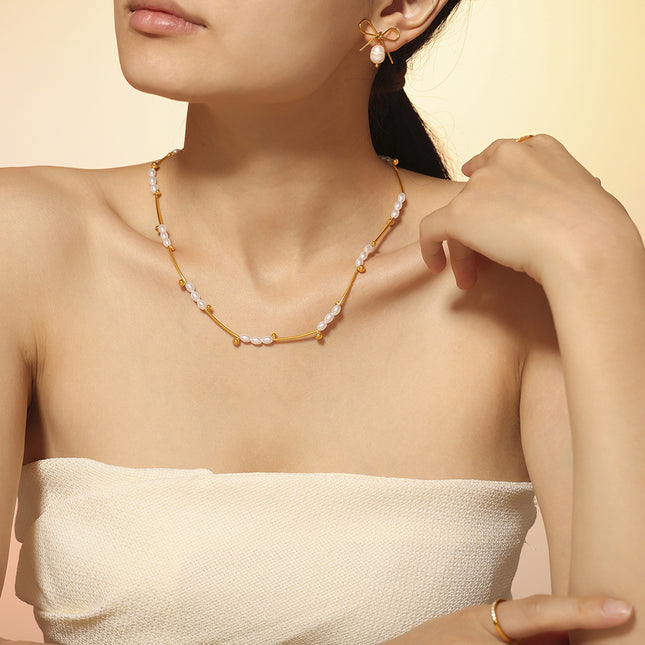 Natural baroque imitation pearl batch flower tube beads light luxury clavicle chain temperament necklace titanium steel plated 18k real gold