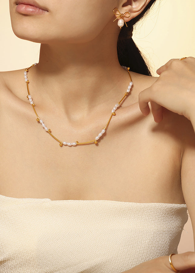 Natural baroque imitation pearl batch flower tube beads light luxury clavicle chain temperament necklace titanium steel plated 18k real gold