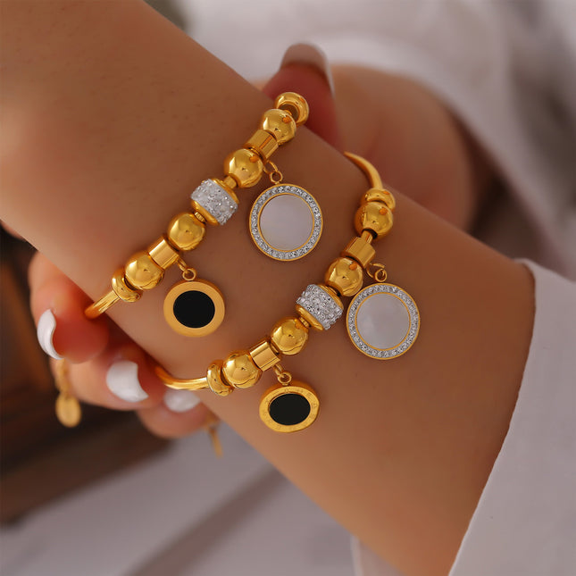 French simplicity and cold style, elegant personality, white shell jewelry, geometric diamond set rings, design sense titanium steel gold-plated bracelet