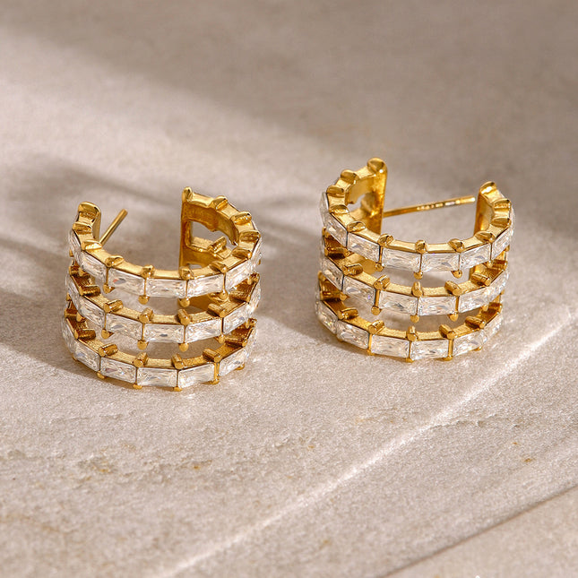 Jieding European and American stainless steel zircon earrings high-end ins cross-border jewelry titanium steel C-shaped earrings do not fade stud earrings