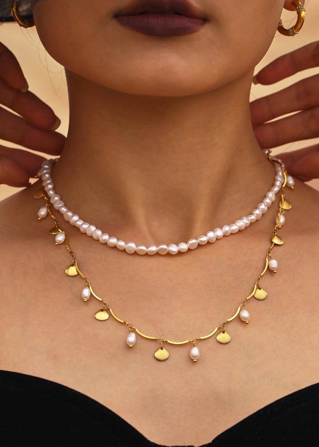 Mystery Li gold small shell freshwater pearl necklace ins style creative design sense stainless steel European and American fashion jewelry