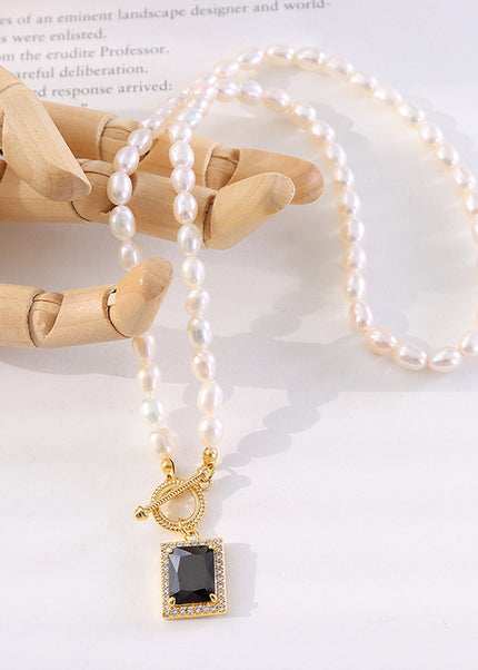 Natural freshwater pearls do not fade luster necklace heavy industry black zircon pendant OT clasp clavicle chain gold-plated jewelry