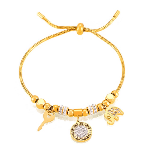 Cross-border hot-selling personality niche pull-out buckle jewelry, multi-element pendant, diamond-encrusted design, titanium steel gold-plated bracelet