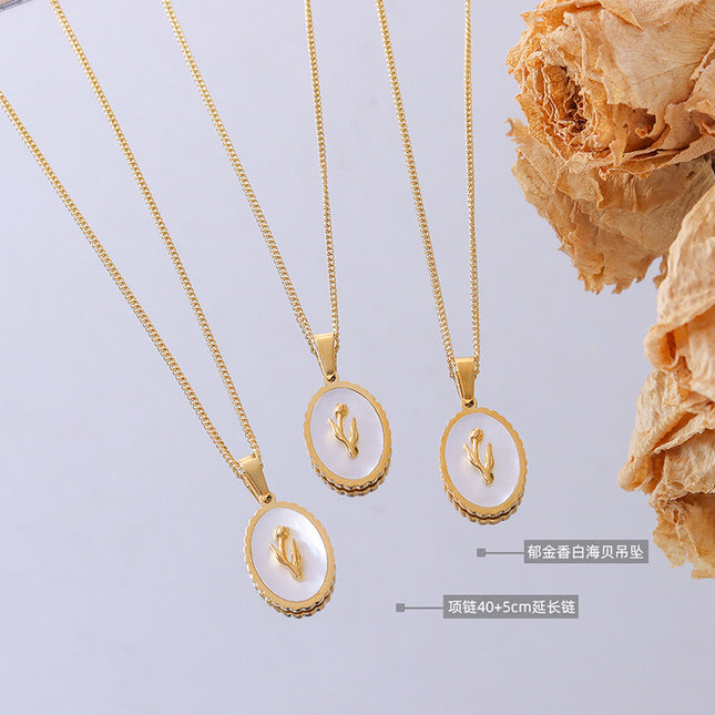 Marka French retro ins versatile design jewelry women's titanium steel plated 18k gold tulip white mother-of-pearl necklace