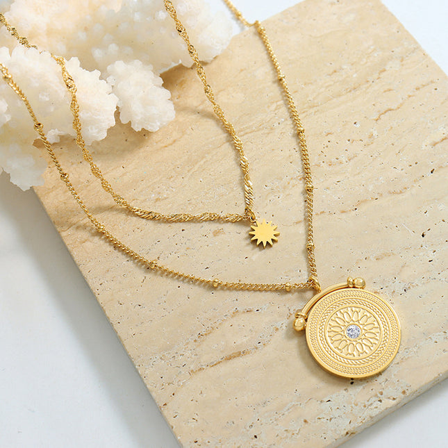 Eight star mang, double-layer necklace with diamond texture, fashionable and versatile, titanium steel jewelry, gold-plated clavicle chain jewelry, girls