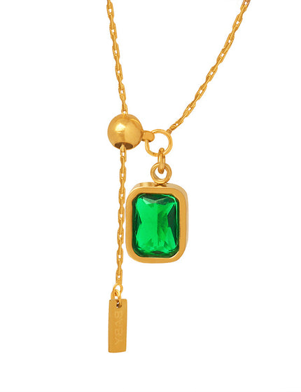 Retro Hong Kong style palace emerald zircon tassel English letter simple necklace clavicle chain temperament girl jewelry