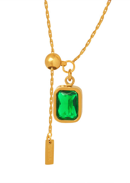 Retro Hong Kong style palace emerald zircon tassel English letter simple necklace clavicle chain temperament girl jewelry