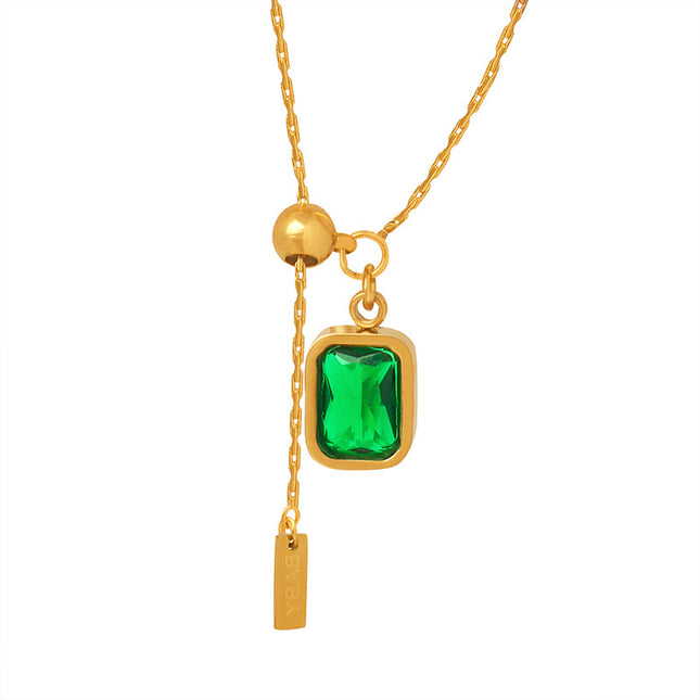 Retro Hong Kong style palace emerald zircon tassel English letter simple necklace clavicle chain temperament girl jewelry