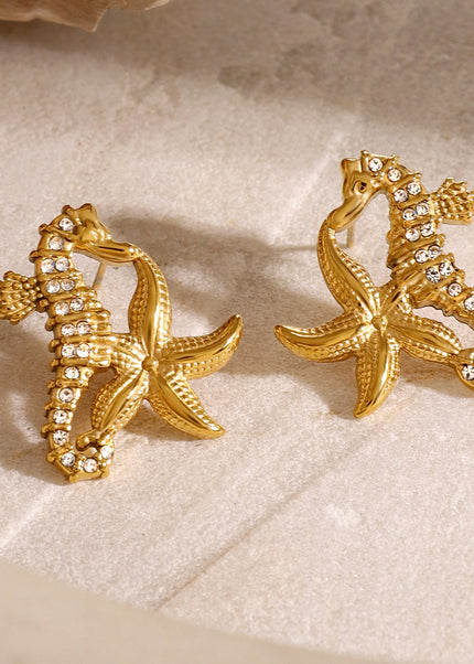 Jieding European and American stainless steel rhinestone starfish earrings high-end sense of marine style resort earrings titanium steel earrings cross-border