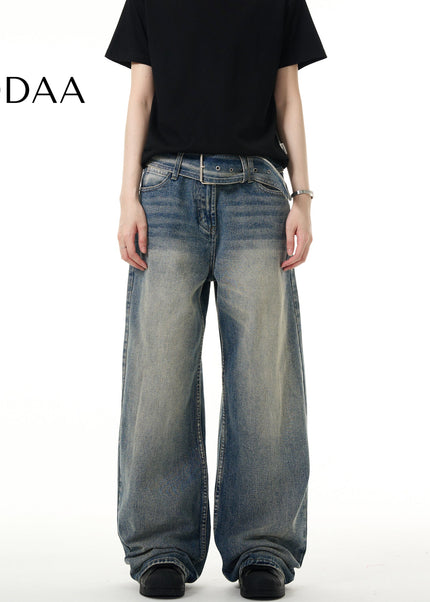 Blue Loose Fit Retro Belt Jeans for Men - S / Mid Blue - Men’s Jeans